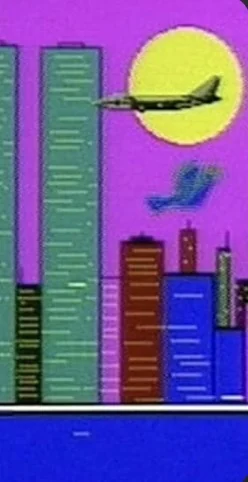 Bilde fra Mirakelet: animerte skyskrapere og et fly foran en gul sol på rosa himmel